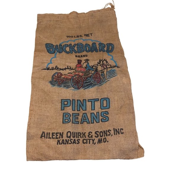 Burlap Sack BuckBoard PDQ Pinto Beans 100lbs Bag Bright Wagon Horse Western Vint - Picture 1 of 16